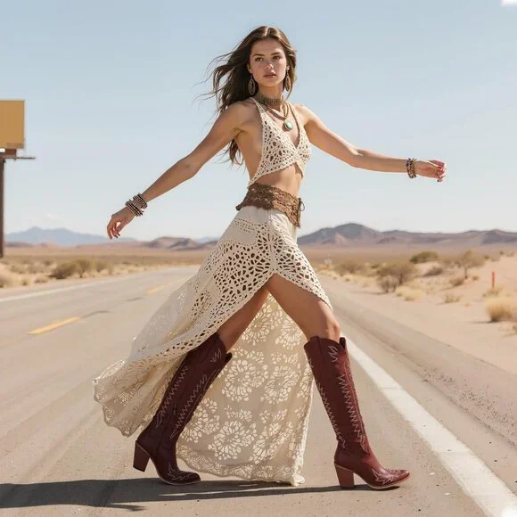 Women Over The Knee Western Boots Classic Embroidered Chunky Heel Slip On Brown - Picture 2 of 6